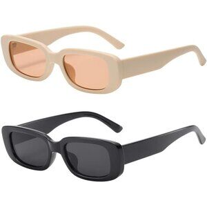 Trendy Rectangle Black Beige Sunglasses Women Men Retro Square Fashion Shades